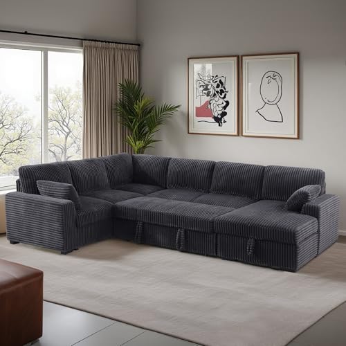 L-Shaped Chenille Sleeper Sectional Sofa with Storage Chaise F17508
