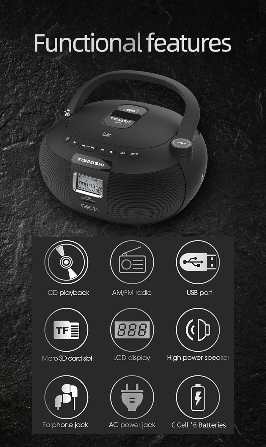 Black Portable CD Player Boombox F811