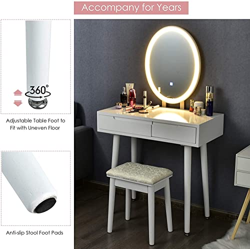 White Wooden Vanity Table Set with 3-Color Lighted Dimming Mirror, Cushioned Stool & 2 Sliding Drawer T611