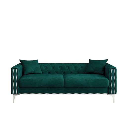 Blue Velvet 3 Seaters Sofa with Nailhead Decor and Metal Legs, 83" X96808