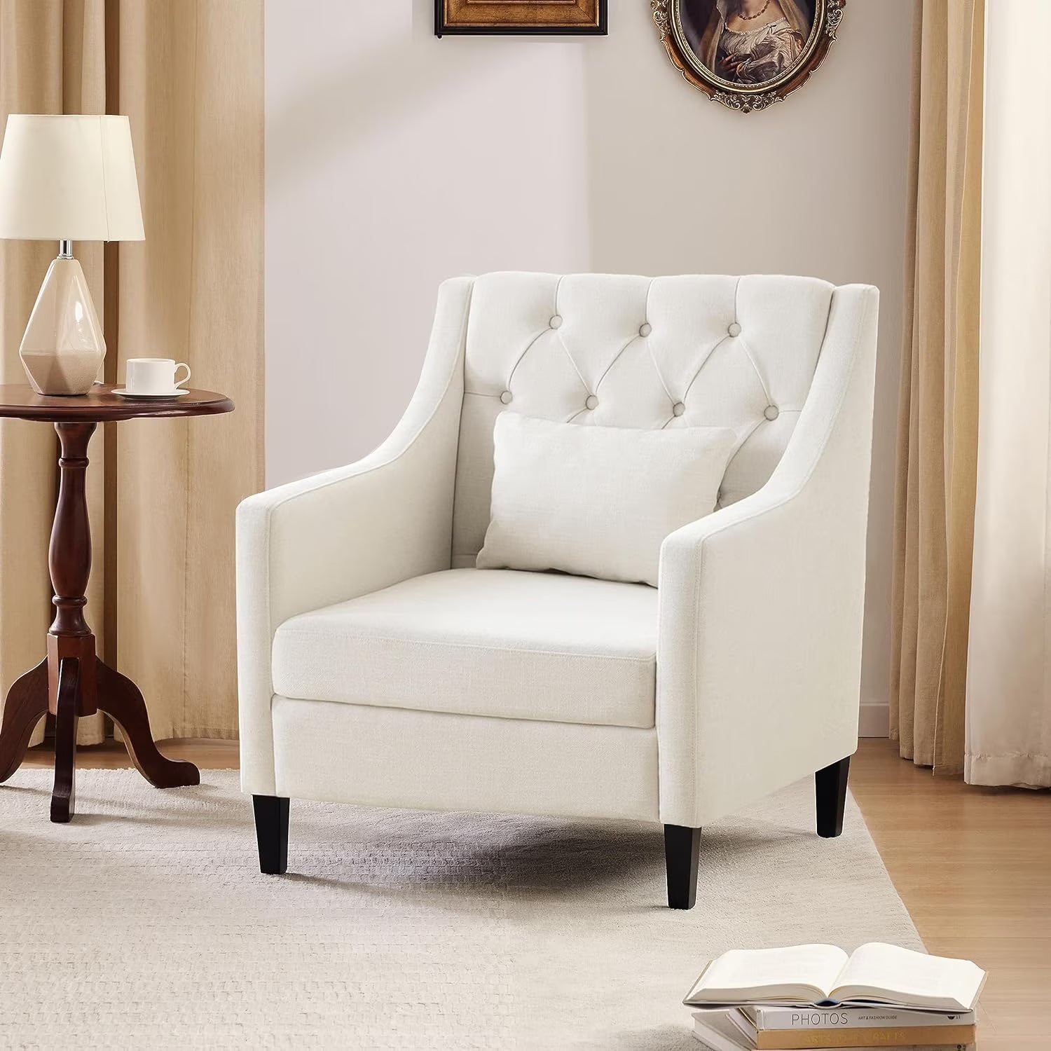 Beige Fabric Accent Chair with Wood Frame B144199