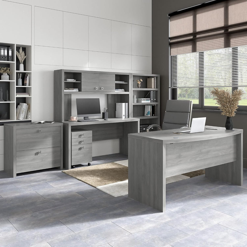 Modern Gray Bow Front Desk with Credenza, Hutch, Bookcase and File Cabinets D8297
