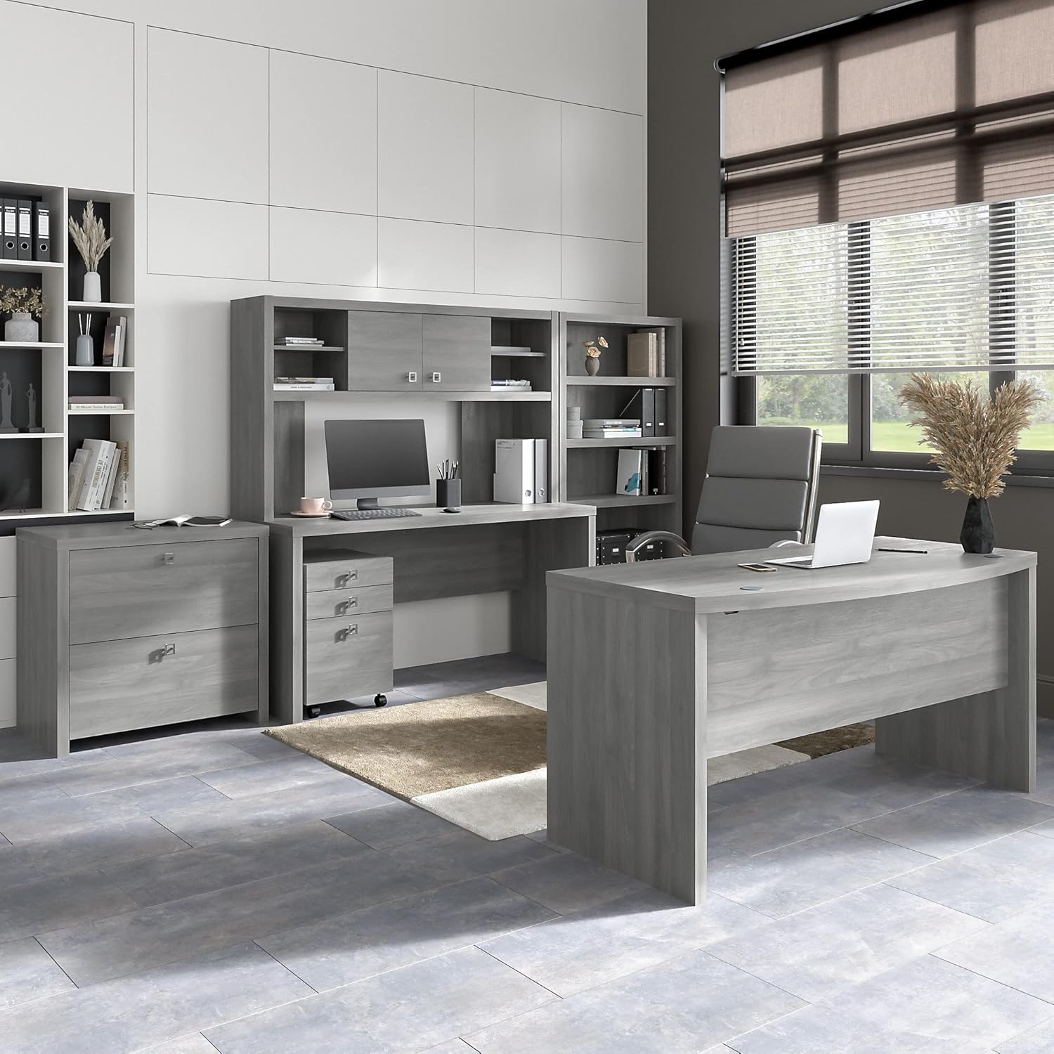 Modern Gray Bow Front Desk with Credenza, Hutch, Bookcase and File Cabinets D8297