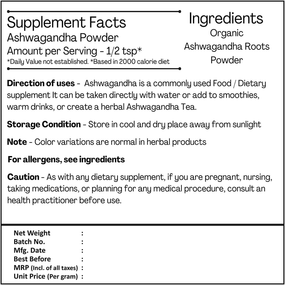 USDA Certified Organic Ashwagandha Powder 227g (0.5 LB) 8 oz P539