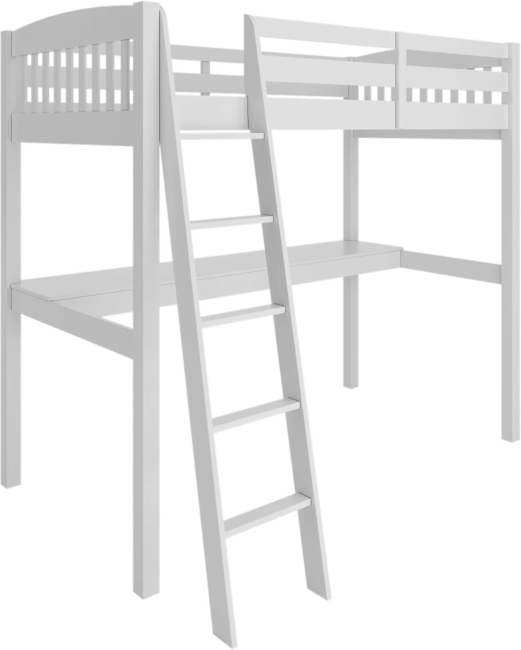 White High Loft Bed with Desk and Storage, Solid Wood Twin Size Loft Bed Frame with Stairs S70395