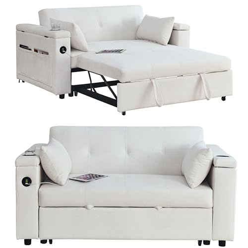 White Chenille 2-Seater Convertible Sofa Bed with USB Power Outlet N6575