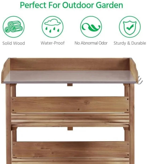Brown Wooden Potting Bench with Metal Tabletop and Storage Shelf C4281