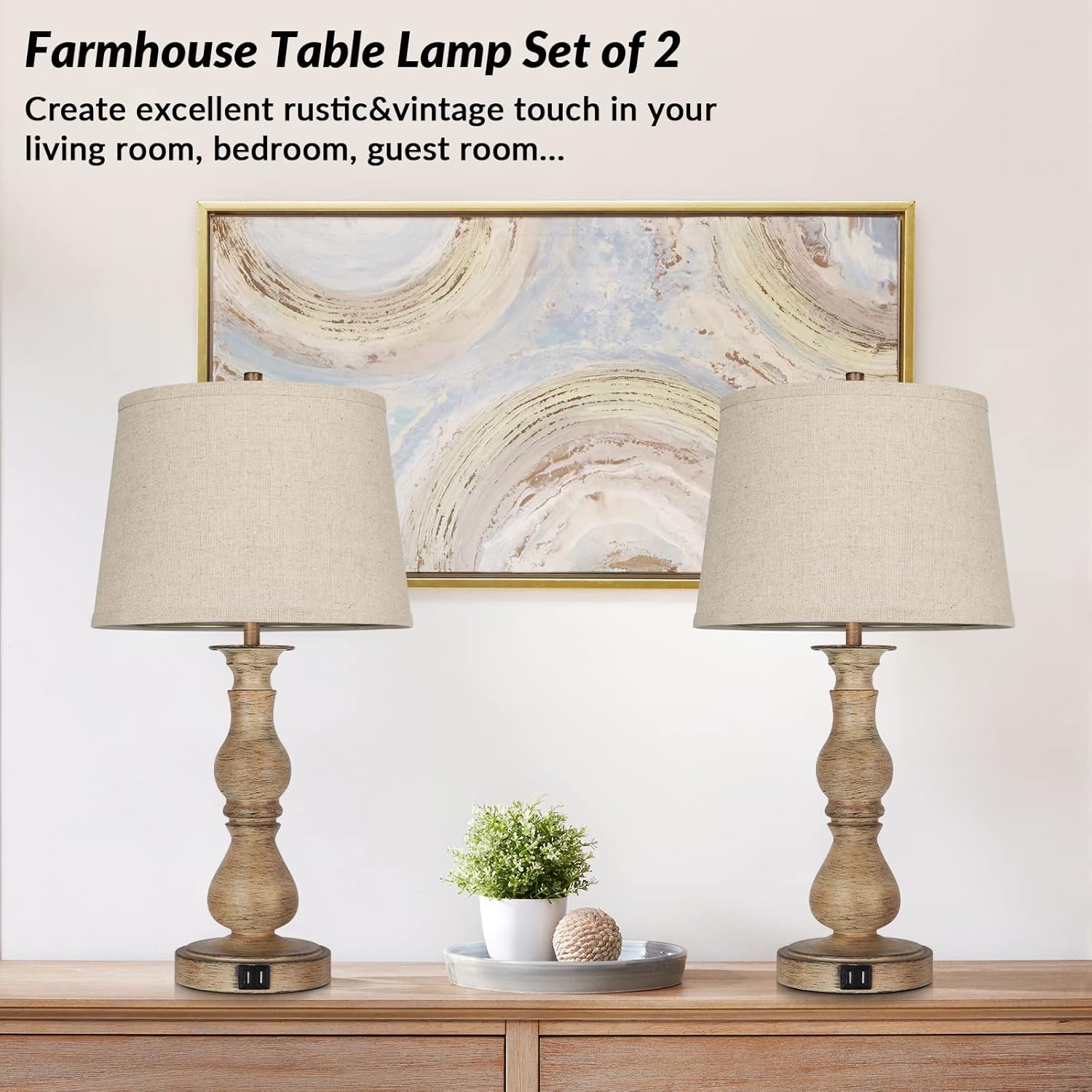 Set of 2 Touch Control Table Lamps with USB Ports, Cream Shades Y4023