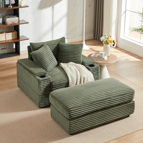 Oversized Corduroy Convertible Sleeper Sofa with Ottoman, Grey E741278