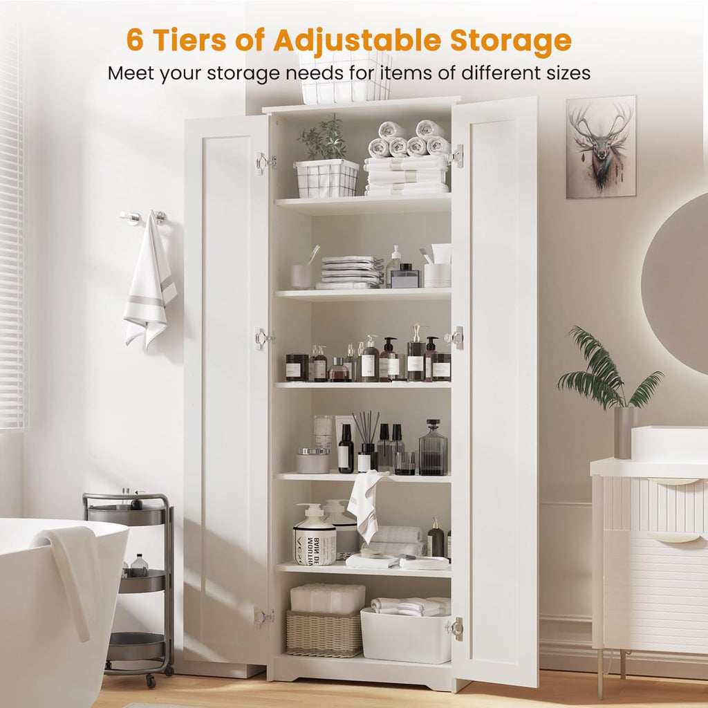 White 70" Tall Storage Cabinet with 2 Doors and 6 Adjustable Shelves E391927