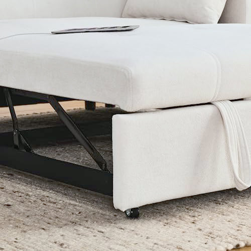 White Chenille 2-Seater Convertible Sofa Bed with USB Power Outlet N6575