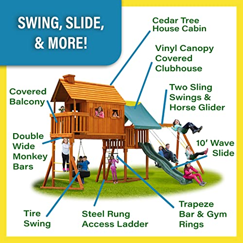 Solid Cedar Wood Swing Set with Built-in Tree House, Wave Slide, Spiral Slide D44331