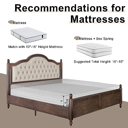 Walnut Queen Size Solid Bed Frame with Upholstered Tufted Headboard H140