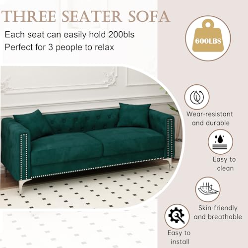 Blue Velvet 3 Seaters Sofa with Nailhead Decor and Metal Legs, 83" X96808