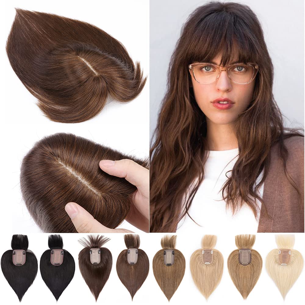 100% Real Human Hair Toppers with Bangs Silk Base 150% Density Clip in Topper 2.7”x5.1” Hair Pieces A766038