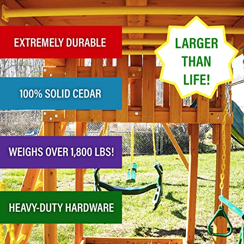 Solid Cedar Wood Swing Set with Built-in Tree House, Wave Slide, Spiral Slide D44331