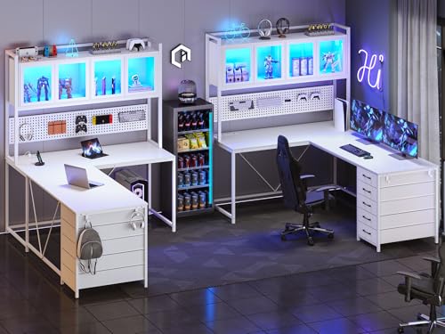 White L Shaped Gaming Desk with Drawers and Hutch T3222