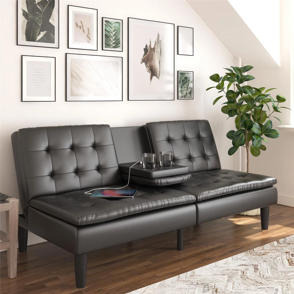Black Faux Leather Memory Foam Futon with Cupholder and USB S276311
