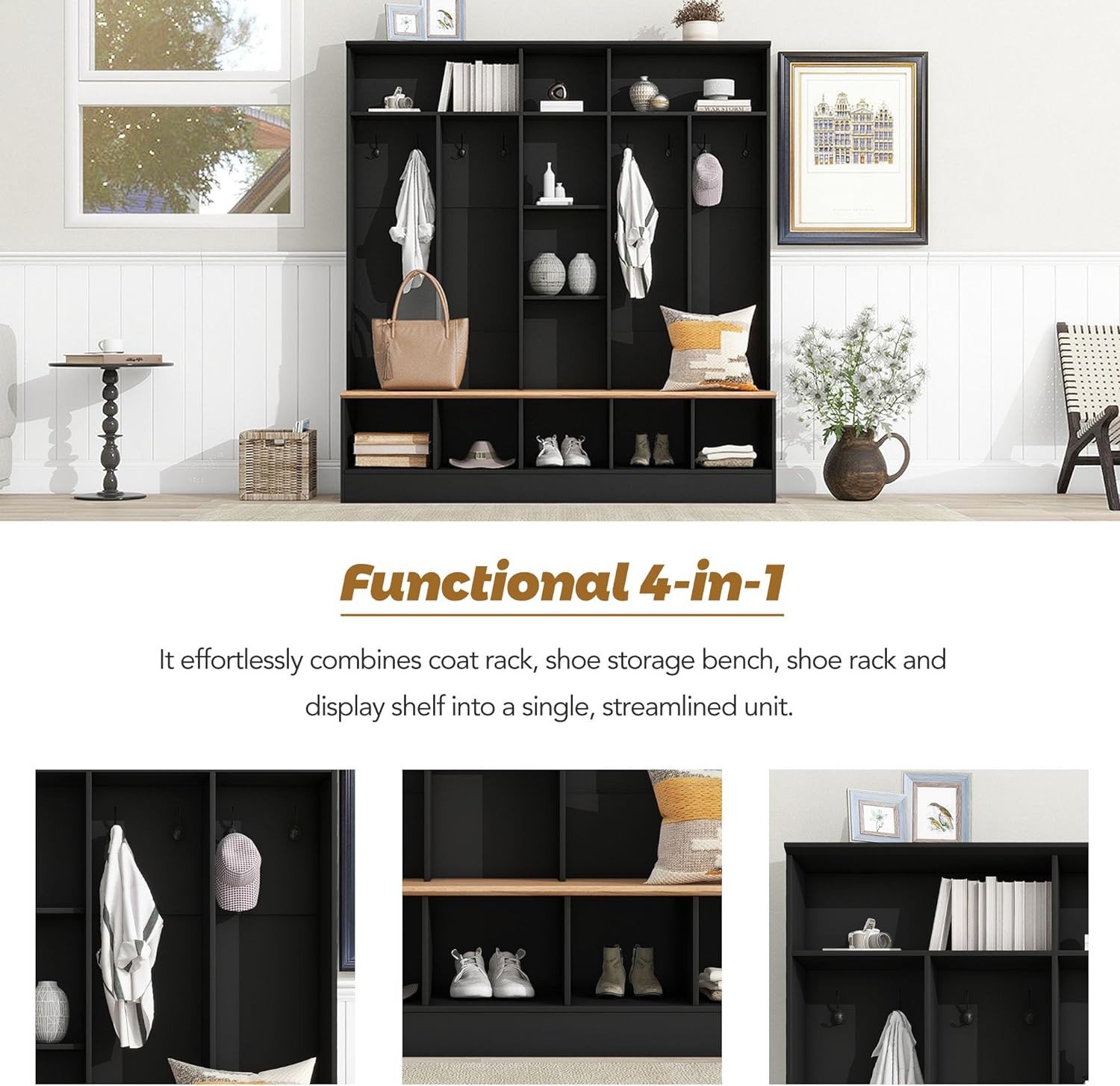 Black Hall Tree with Storage Bench and 8 Hooks R167