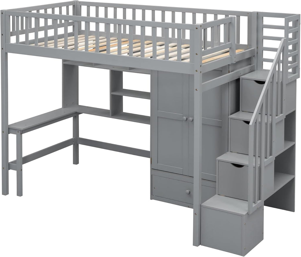 Grey Twin Size Loft Bed with Bookshelf Drawers Desk and Wardrobe MDF Pine Wood B727