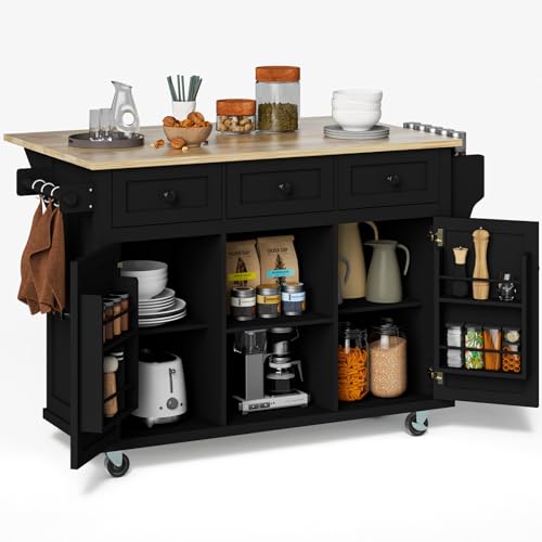 Large Kitchen Island On Wheels with Storage 54in Width Wood Island with Drawers Cabinet Spice Rack Towel Rack A698567
