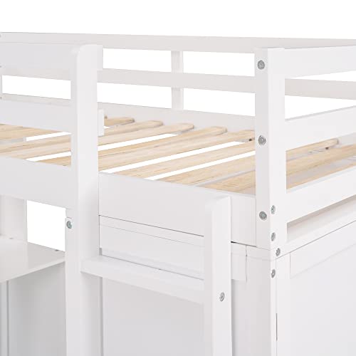 Full Loft Bed with Desk, Wood, Storage Drawers, Wardrobe and Shelf, Espresso W947