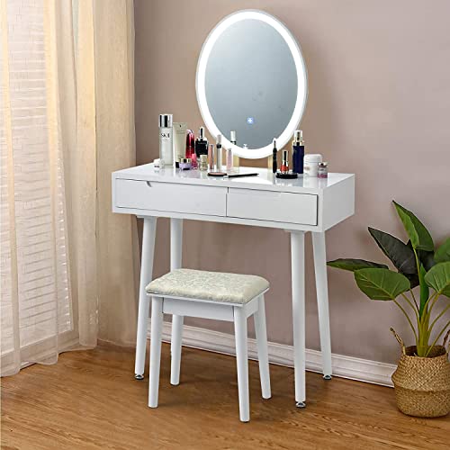 White Wooden Vanity Table Set with 3-Color Lighted Dimming Mirror, Cushioned Stool & 2 Sliding Drawer T611
