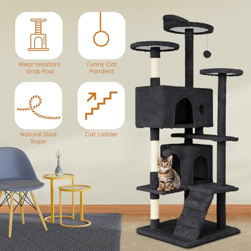 Dark Gray Multi-Level Cat Tree with Scratching Posts B37900