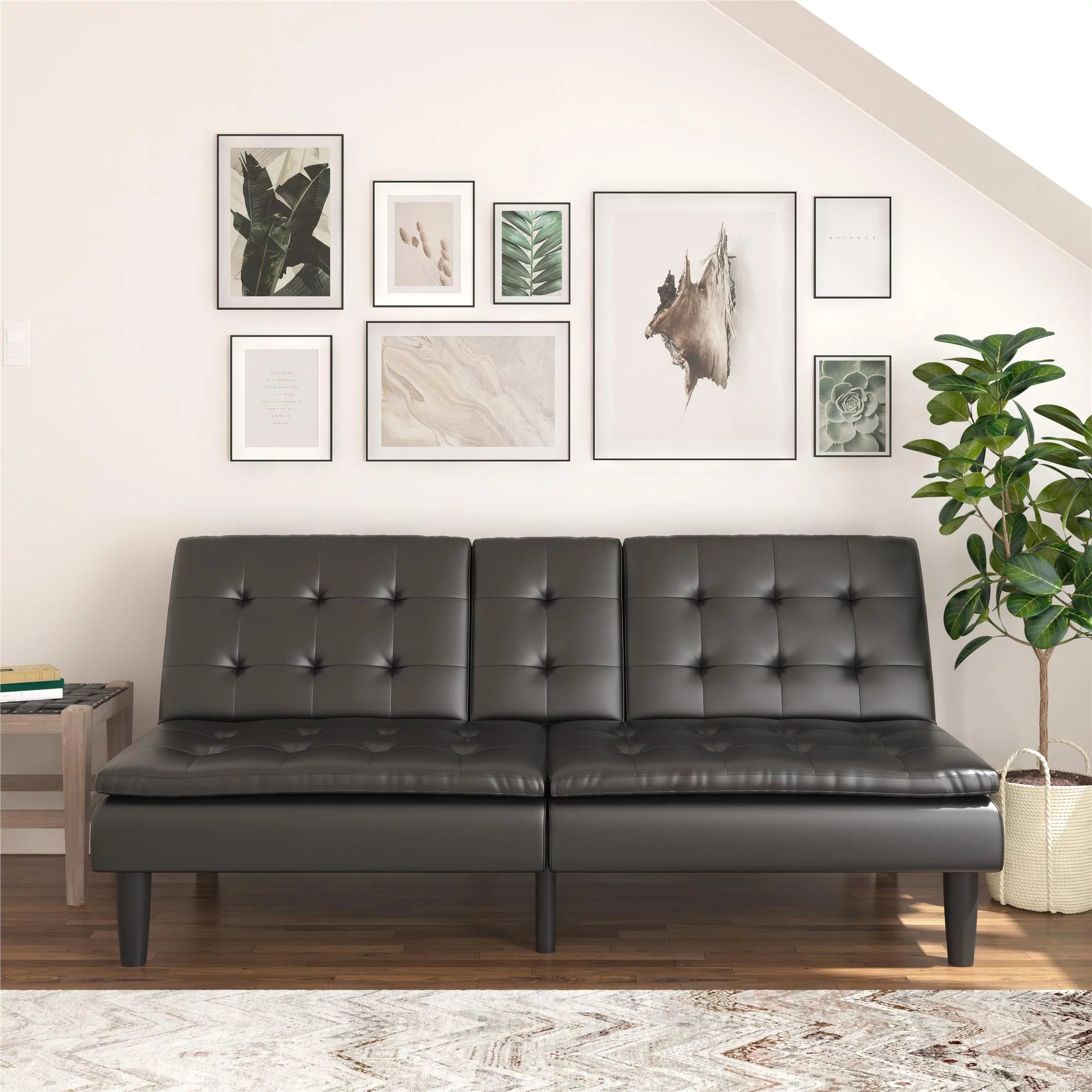 Black Faux Leather Memory Foam Futon with Cupholder and USB S276311