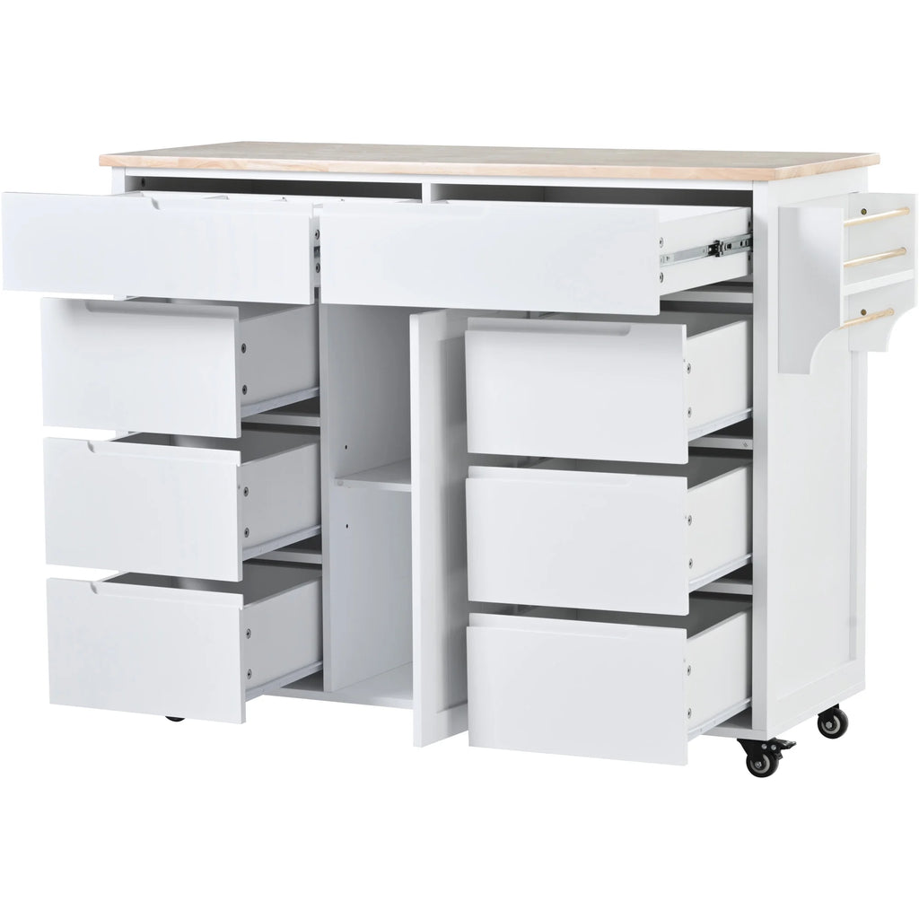 Rolling Kitchen Island with Storage, Rubber Wood Mobile Kitchen Cart with Lockable Wheels, Drawers, Shelves Q9277