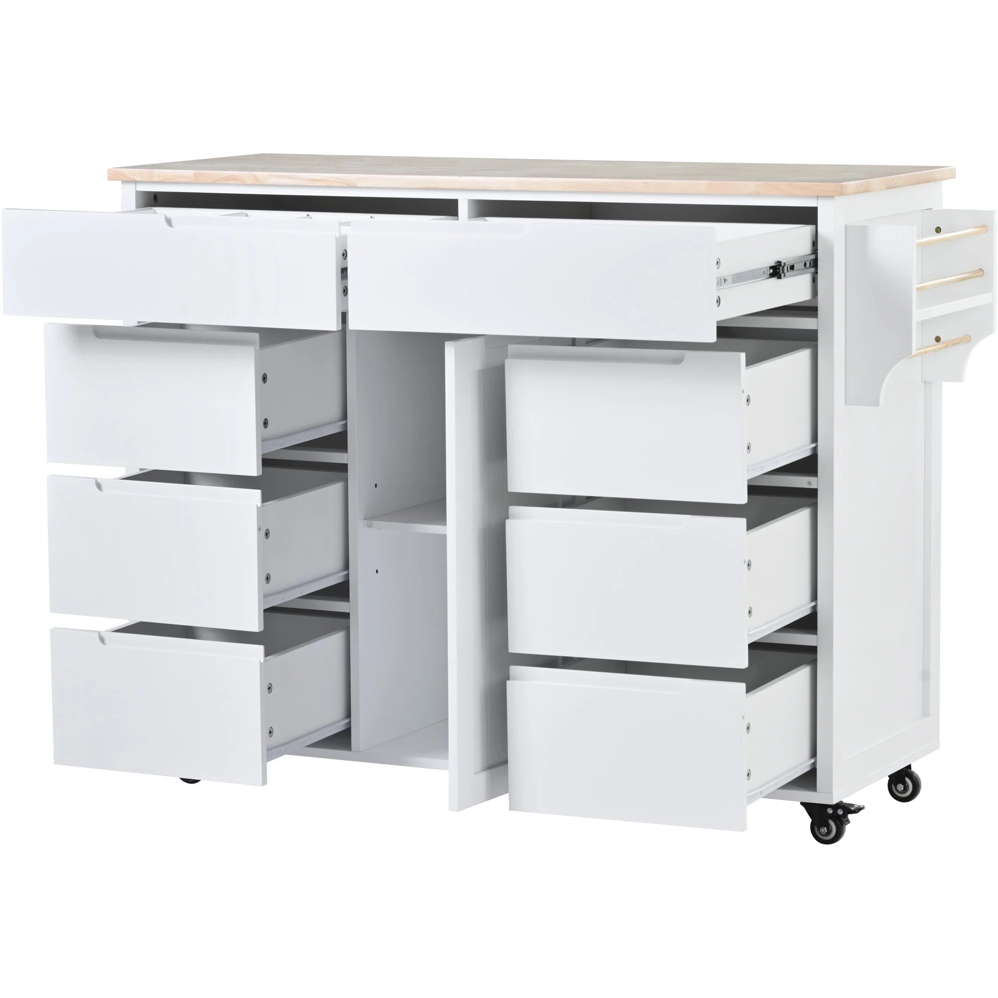 Rolling Kitchen Island with Storage, Rubber Wood Mobile Kitchen Cart with Lockable Wheels, Drawers, Shelves Q9277