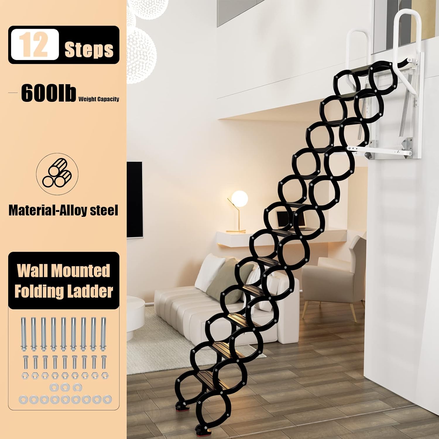 Black Wall Mounted Folding Attic Stairs A705