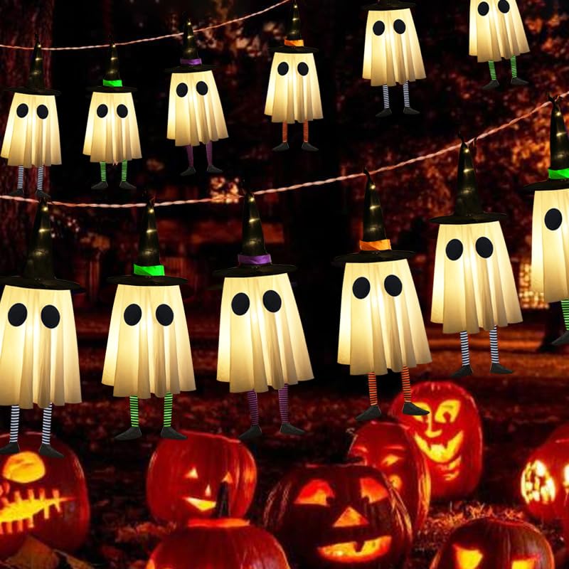 Set of 4 Halloween Hanging Ghosts with Witch Hat E50742
