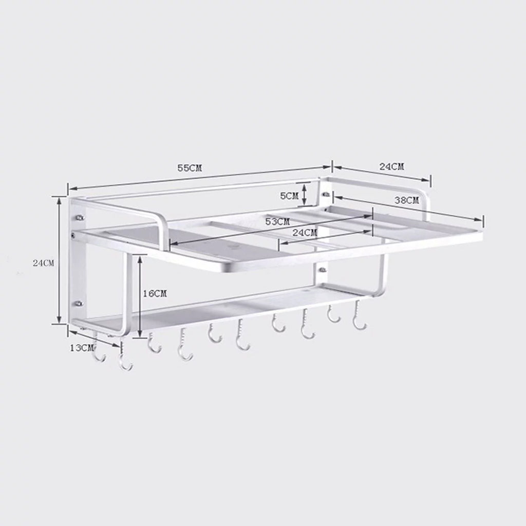 Aluminum Microwave Oven Wall Mount Double Deck Shelf With Hooks J218517