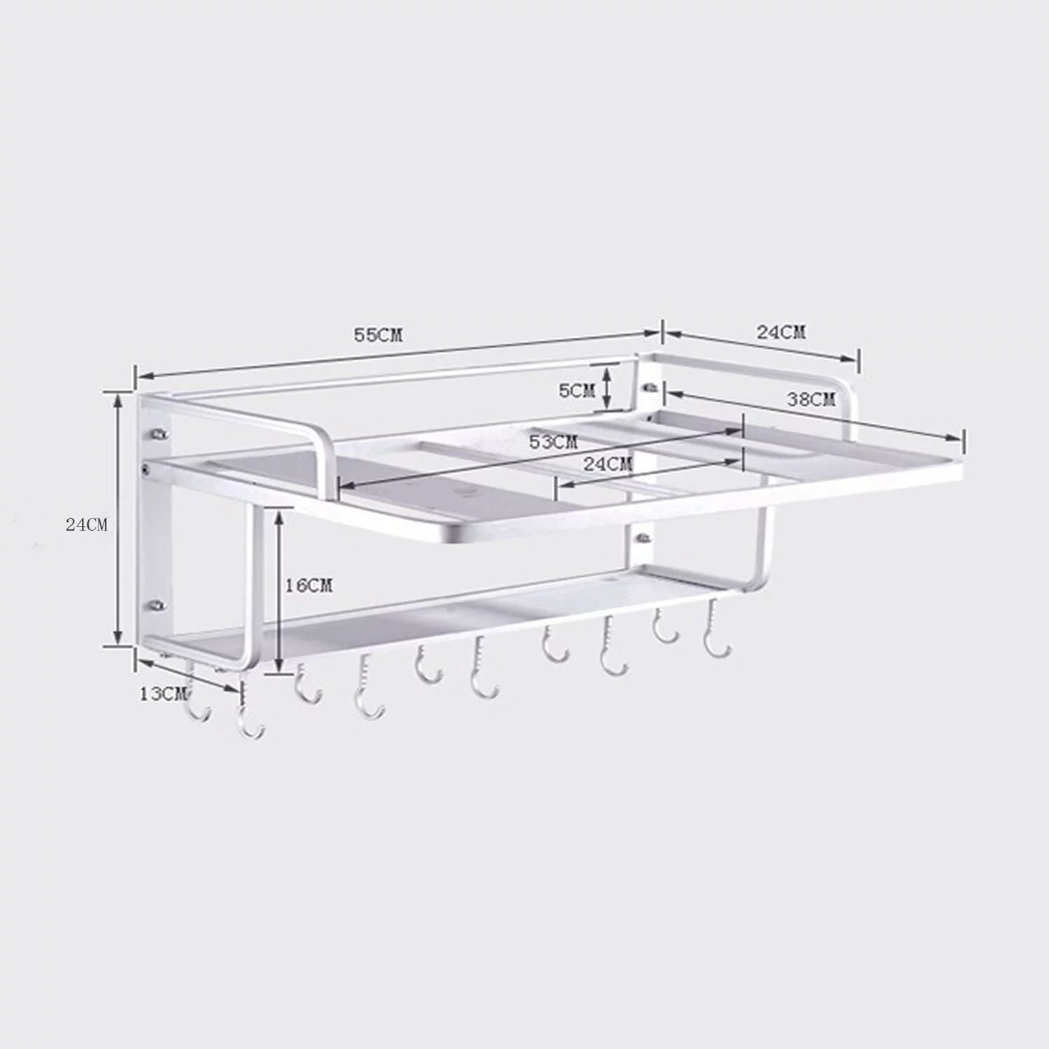 Aluminum Microwave Oven Wall Mount Double Deck Shelf With Hooks J218517
