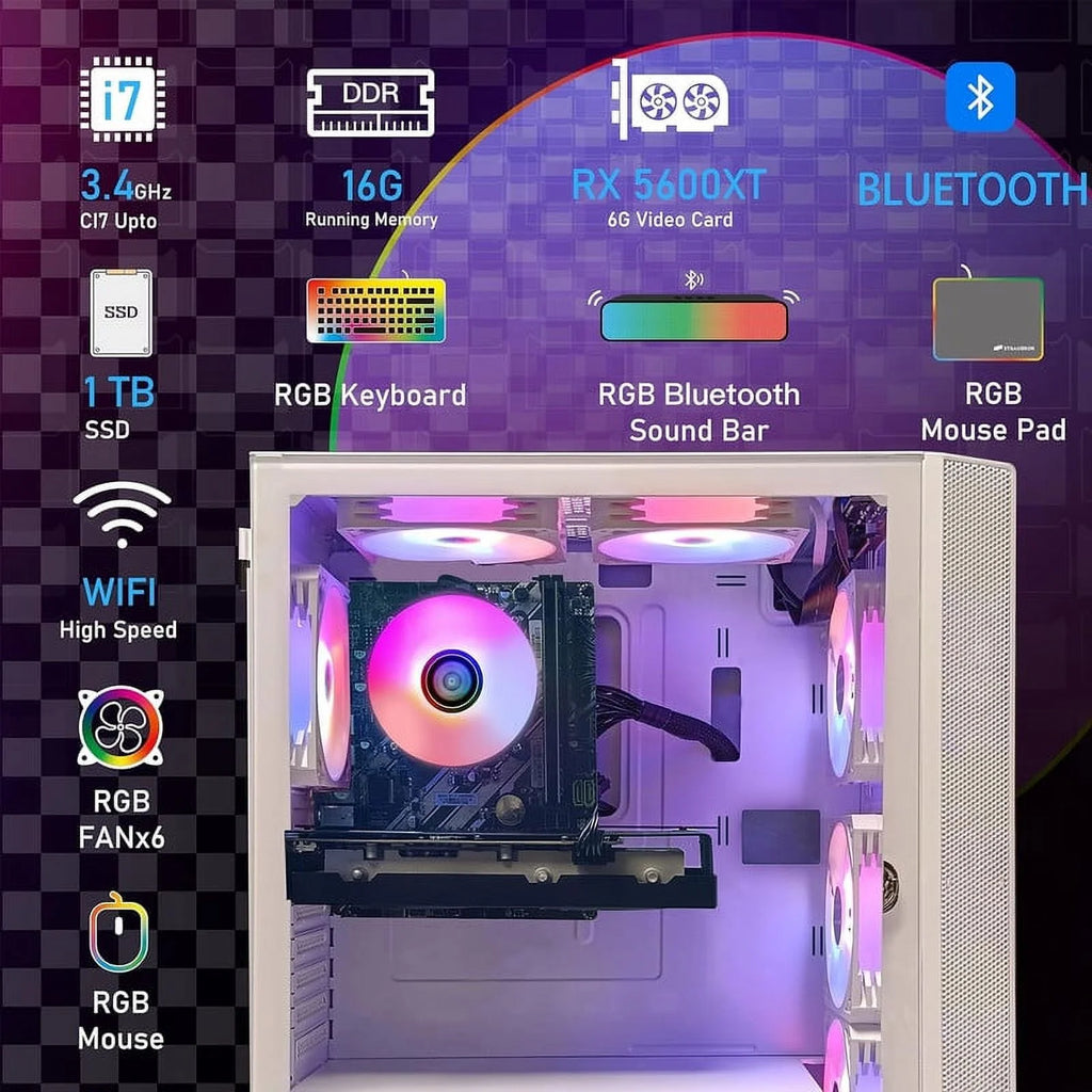 Gaming Desktop PC, Intel Core i7 3.4G up to 3.9G, 16G RAM, 1T SSD, Radeon RX 5600 XT 6G W78104