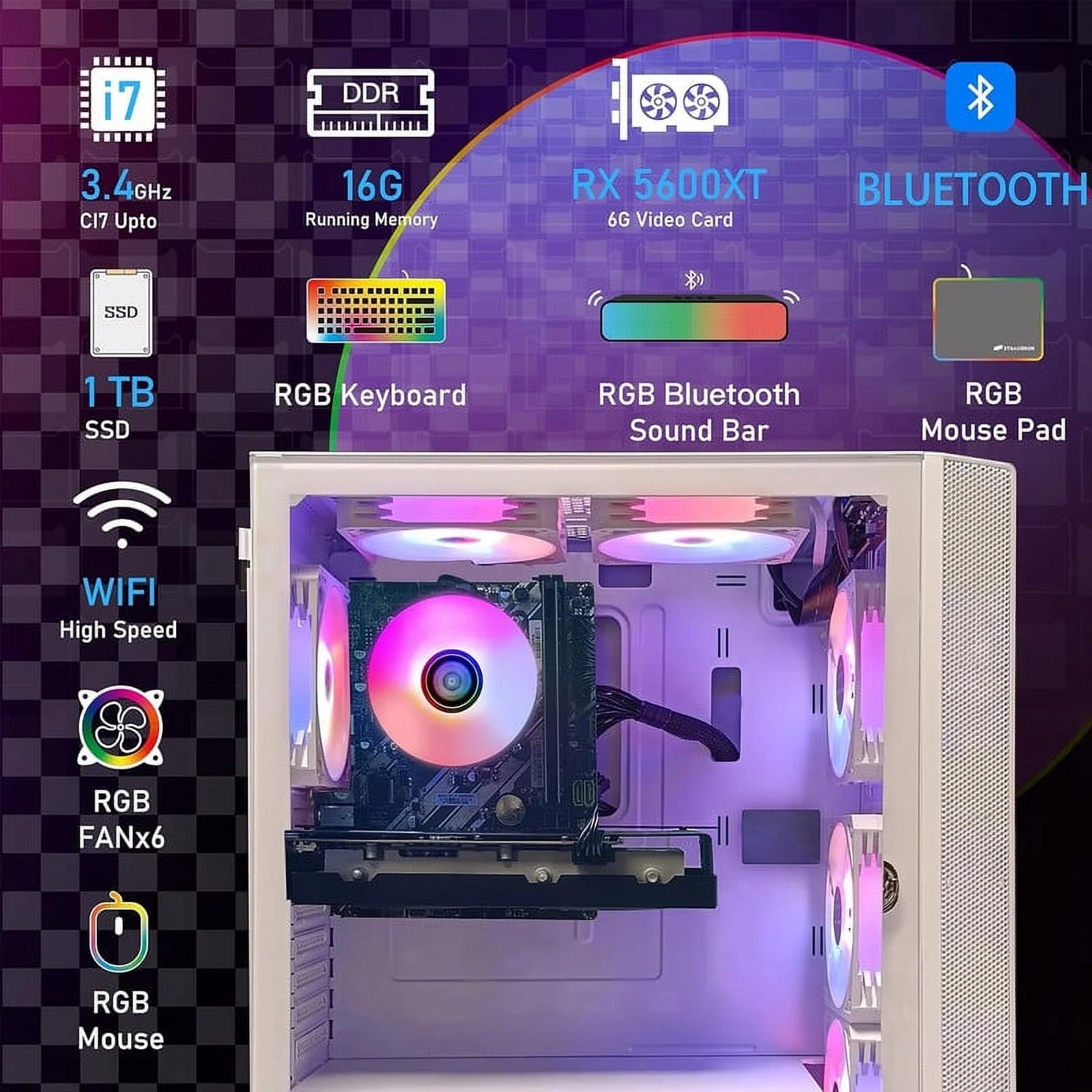 Gaming Desktop PC, Intel Core i7 3.4G up to 3.9G, 16G RAM, 1T SSD, Radeon RX 5600 XT 6G W78104