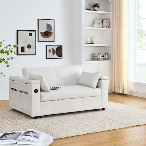 White Chenille 2-Seater Convertible Sofa Bed with USB Power Outlet N6575