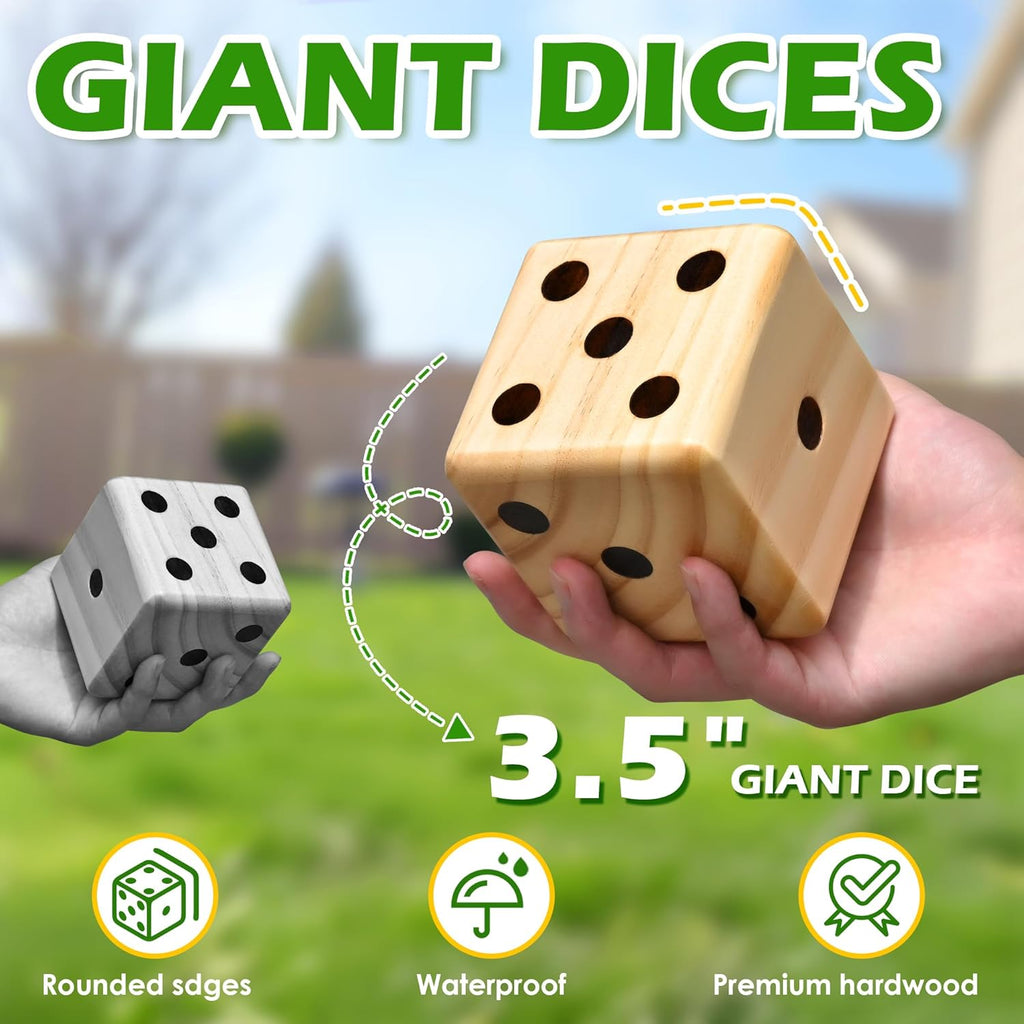 3.5" Wooden Yard Dice Set includes 6 Dice, Collapsible Bucket, Score Cards & Dry Erase Marker L9795