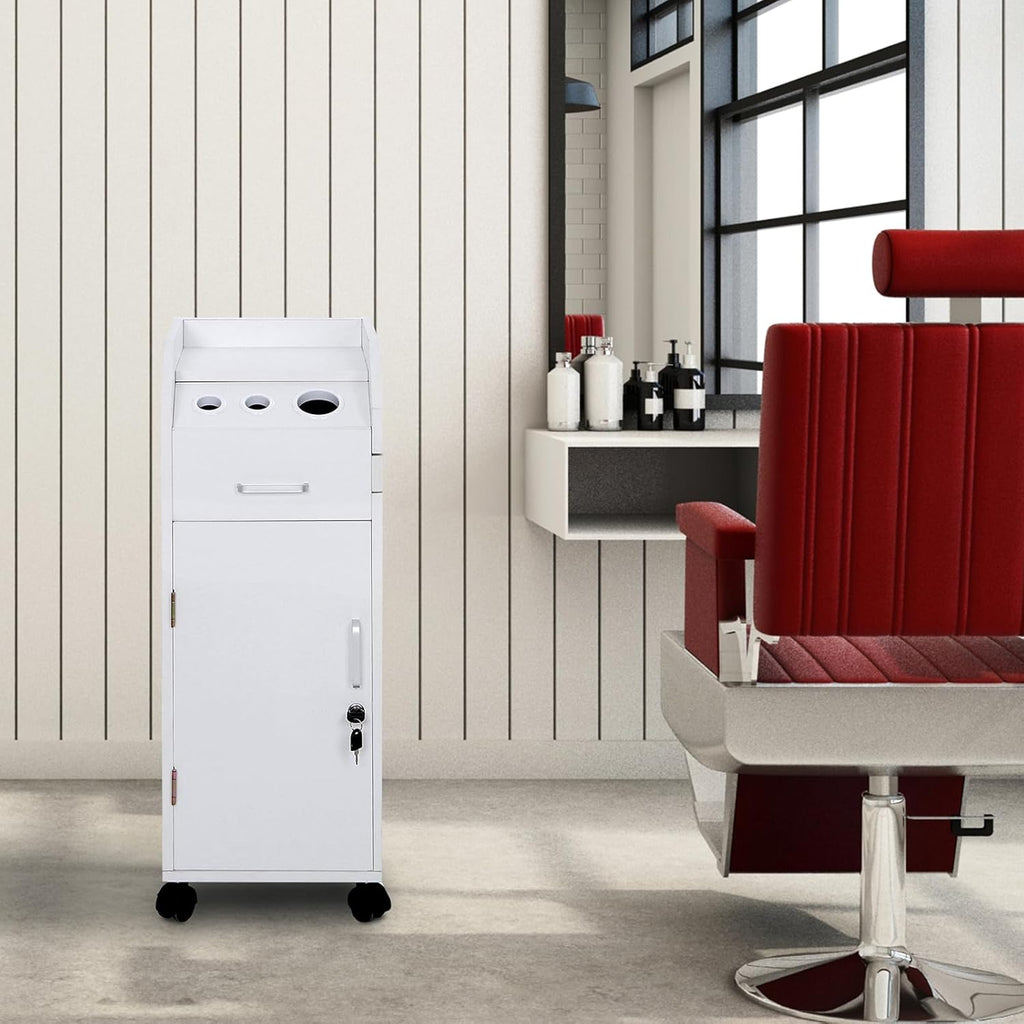 Rolling Hair Salon Storage Cart with Wheels & 3 Hair Dryer Holders & Drawers & Lock J99478