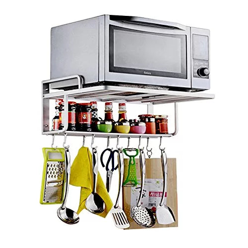 Aluminum Microwave Oven Wall Mount Double Deck Shelf With Hooks J218517