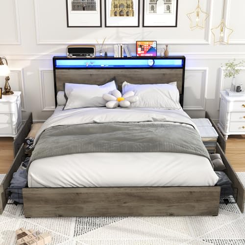 Black Full Size Bed Frame with Headboard, LED, 4 Storage Drawers, Charging Station P15461