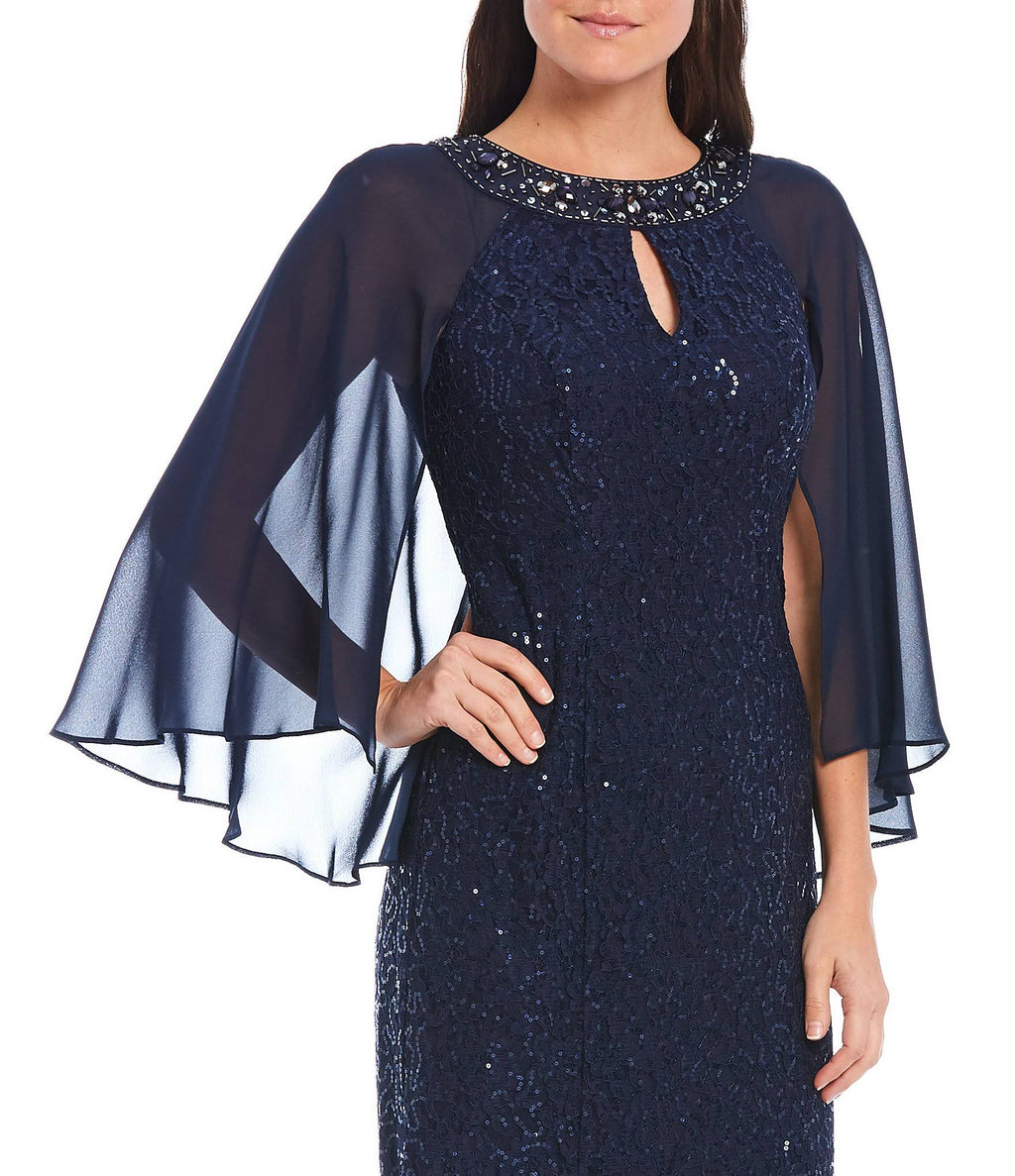 Sequin Lace Chiffon Capelet Gown H191411