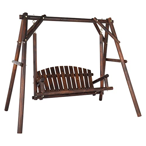 6.5' Outdoor Porch Swing Rustic Loveseat Solid Wooden Natural Log Garden Swing (Carbonized) W63206