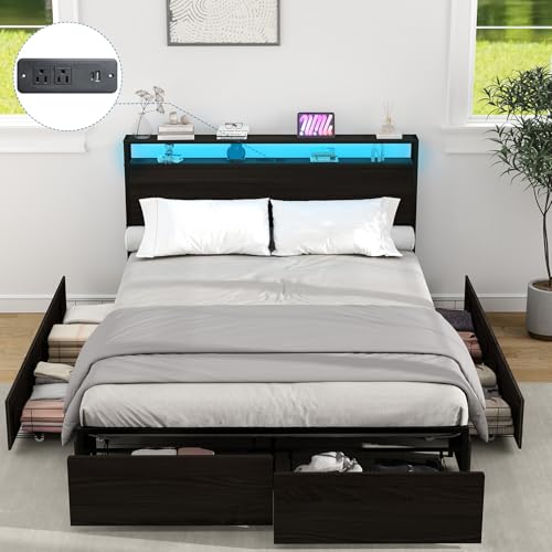 Black Full Size Bed Frame with Headboard, LED, 4 Storage Drawers, Charging Station P15461