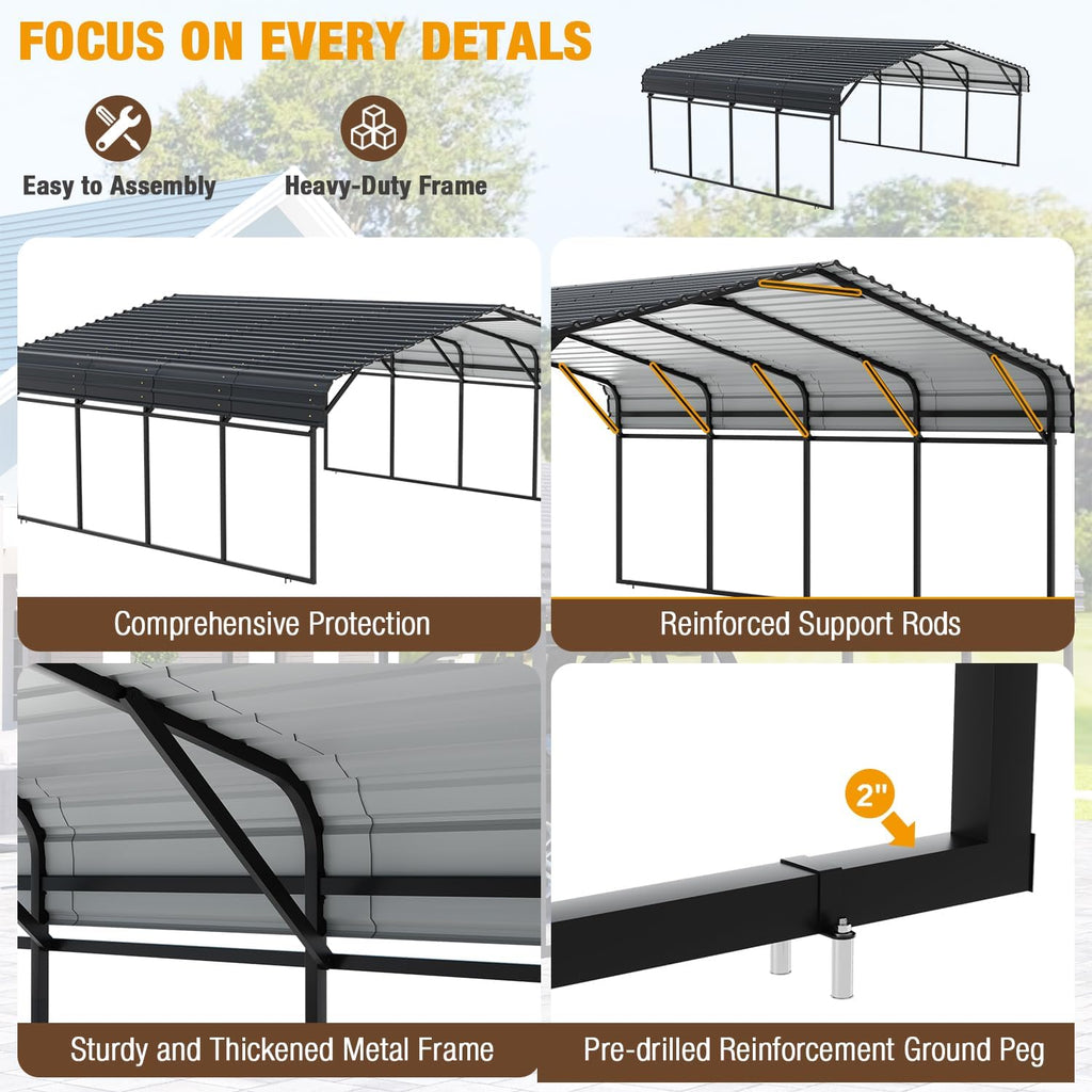 20' x 20' Metal Carport with Galvanized Steel Roof, Grey W377219