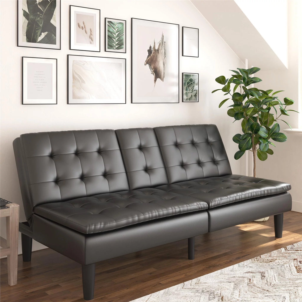 Black Faux Leather Memory Foam Futon with Cupholder and USB S276311
