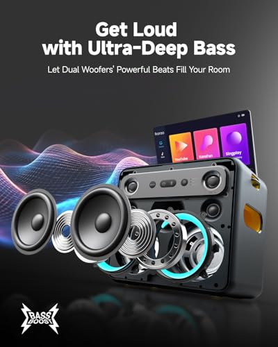 Smart Karaoke Machine with Lyrics Display, 32GB, 2 Wireless Mics, 300W Peak Power, 4 DJ Lights N14208