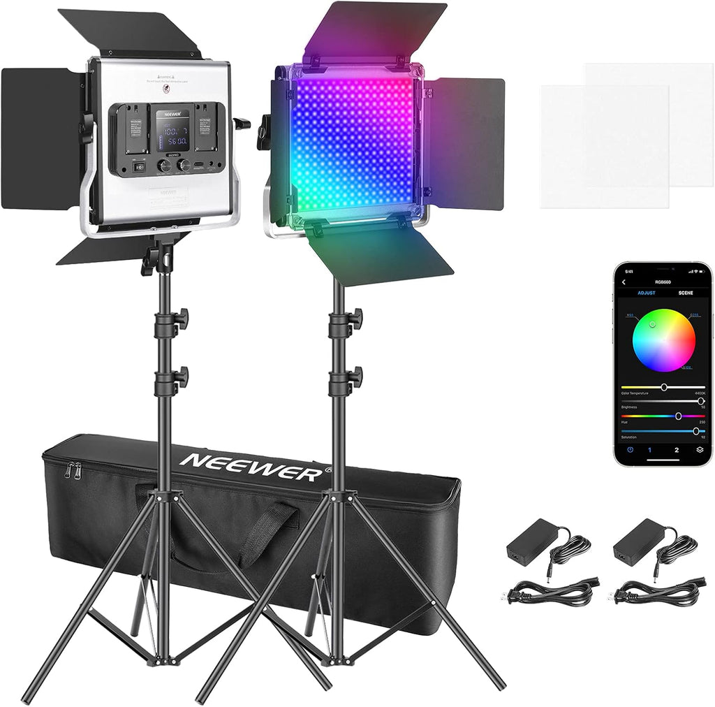 2-Pack Dimmable RGB LED Video Light Kit with Stands and Bag H58234