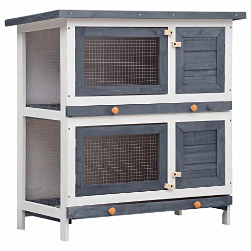 Gray Wood Pet Rabbit Hutch with Mesh Door and Green Roof O34370
